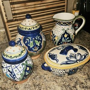 Handcrafted Ceramic Canister and Pitcher Set - Blue and Green